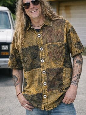 NWT jayli Grateful Dead cotton patchwork button down shirt brown tan